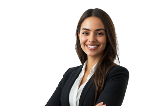 Beautiful businesswoman in a black suit smiling. PNG file isolated. 