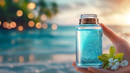 Glow boosting neon blue illuminator in a frosted glass bottle reflecting warm beach lights and creating a captivating ethereal atmosphere with its luminous shimmering effect
