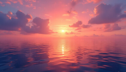 High-resolution image of a breathtaking sunset over the ocean with vibrant hues reflecting on calm waves, serene atmosphere