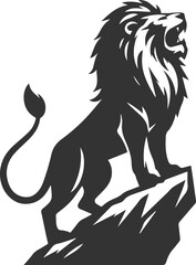 A lion roaring in victory atop a rock