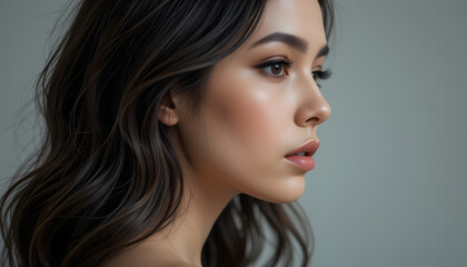 Fototapeta premium Brunette woman's closeup face with natural makeup and a gentle gaze