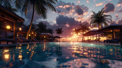 A luxurious beach resort at sunset, infinity pool reflecting the sky, palm trees swaying in the breeze, cozy cabanas with warm lighting, crystal-clear turquoise ocean in the background