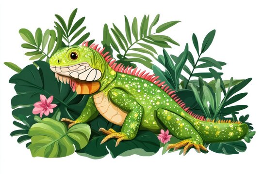 green iguana in jungle leaves clip art preview
