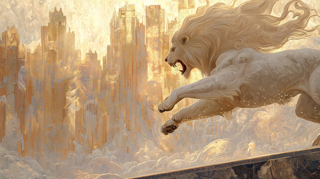 Epic depiction of Heracles battling the Nemean lion amidst a golden landscape featuring towering structures from mythological times