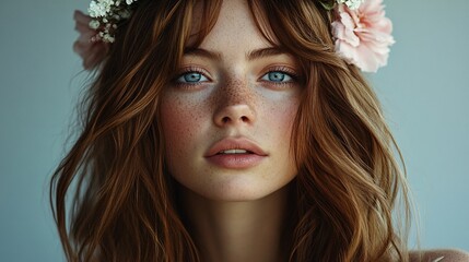 Fototapeta premium A beautiful woman with a flower crown and freckles
