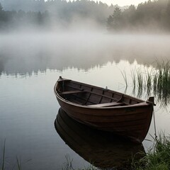 Obraz premium detailed rowing boat resting at the edge of a calm lake with mist rising in the early morning.