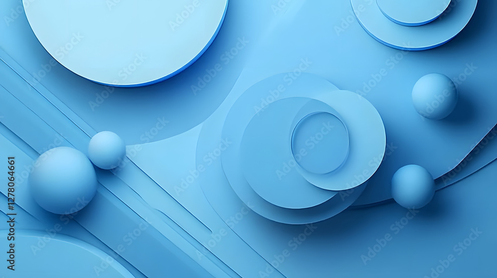 Poster abstract blue geometric background with circles and spheres. minimalist design with clean lines and 
