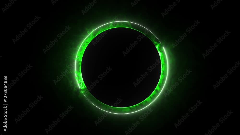 Poster green effect neon glowing circular frame background. repetitive motion animation and flashing. brigh