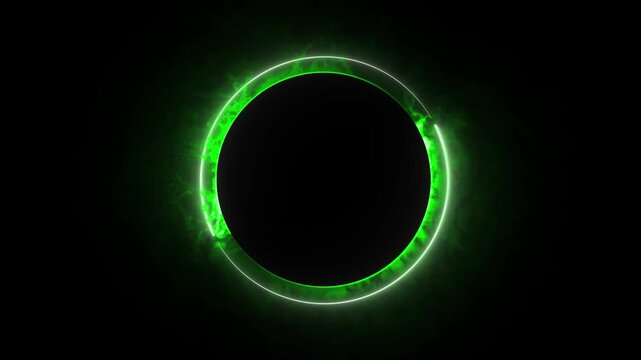 green effect neon glowing circular frame background. repetitive motion animation and flashing. Bright neon light effect isolated on black. 4K graphic animation video.