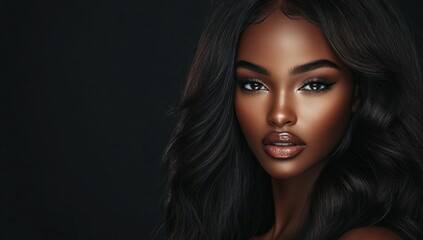 Fototapeta premium A close-up portrait of a beautiful black woman with long shiny hair and make-up . Haircare, beauty and cosmetics concept.