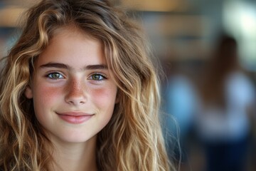 Fototapeta premium Cheerful girl with curly hair enjoying the moment in a bright indoor setting