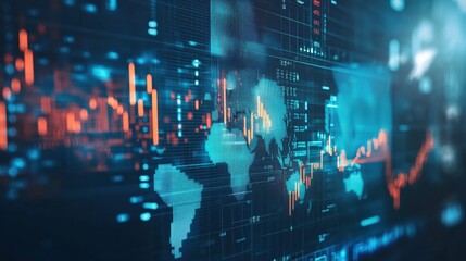 Fototapeta premium Business finance analysis with digital stock market numbers, financial trends, and a world map overlay.