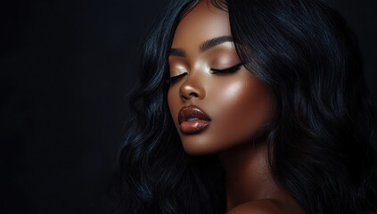 Fototapeta premium A close-up portrait of a beautiful black woman with long shiny hair and make-up . Haircare, beauty and cosmetics concept.