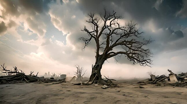 The sky was a gloomy gray, with smoke billowing in the distance