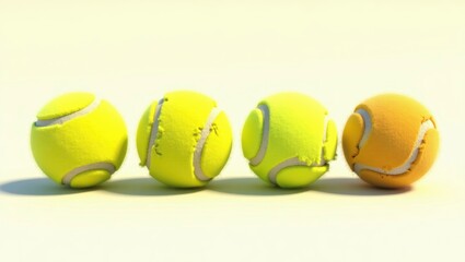 Four Worn Tennis Balls Yellow and Orange Studio Shot Close up