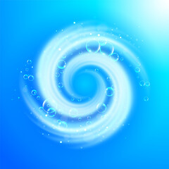 Washing and cleaning effect. Spinning blue vortex with air bubbles. Laundry spiral in motion. 
