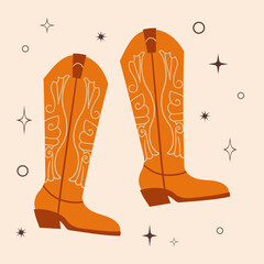Cowboy boots. Different ornaments. Wild West Clipart icons. Hand drawn colored Vector set. Elements are isolated .Cowboy western theme, wild west, Texas. Sheriff Horse Ranch . Hand drawn illustration