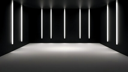 Empty Black Room – Minimalist Interior with Vertical Light Slits & Copy Space, empty, black, room, minimalist, interior, vertical, light, slits, ceiling, copy, space, modern