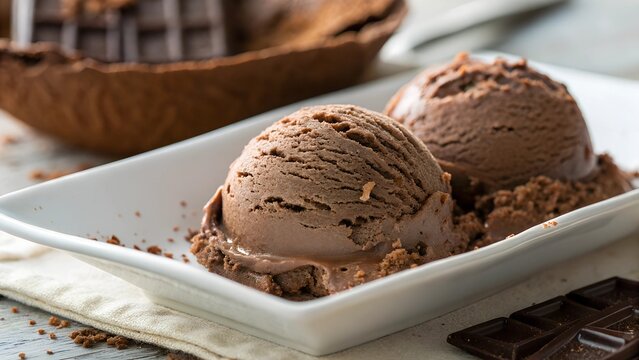 Decadent Chocolate Delight: Two generous scoops of rich, dark chocolate ice cream, presented on a clean, rectangular white plate, offer a tempting view.