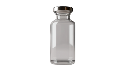 A transparent glass bottle with a classic cylindrical shape and a metal screw-on lock lid. The bottle is isolated on a transparent background, showcasing its clarity and