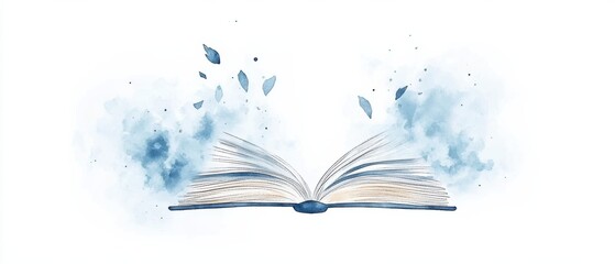 Watercolor Illustration of an Open Book with Floating Leaves