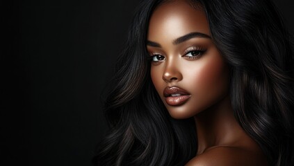 Fototapeta premium A close-up portrait of a beautiful black woman with long shiny hair and make-up . Haircare, beauty and cosmetics concept.