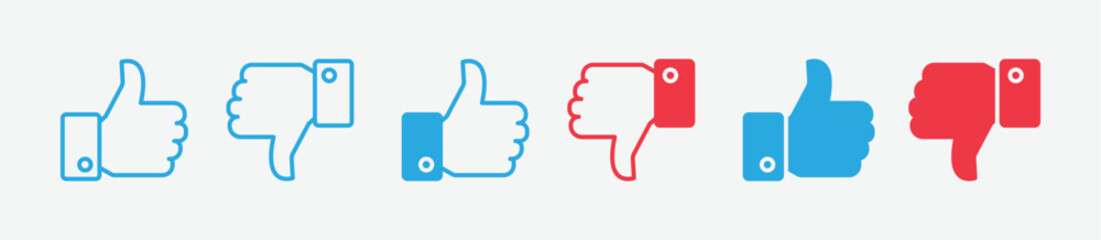 Set of thumbs up and down vector icons in red and blue. Hand thumbs up like or yes and no like or no symbols for apps and websites. Vector illustration © Oman