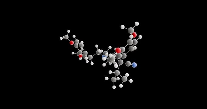 Verapamil molecule, rotating 3D model of calcium channel blocker, looped video on a black background