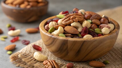 Nuts Galore: A wooden bowl overflowing with an assortment of nuts and dried fruits sits on a rustic surface, creating a visually appealing and healthy snack presentation.