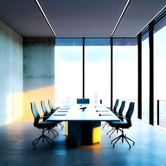 Modern Conference Room – Long Table, Chairs & Cityscape View with Concrete Walls, modern, conference, room, long, table, chairs, cityscape, view, concrete, walls, office, business, corporate, meeting,