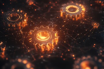 A network of connected gears floating against a vibrant blue background, symbolizing teamwork and innovation.