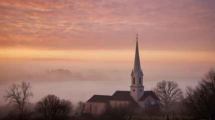 Obraz premium Enchanting church steeple at sunrise, shrouded in mist, serene atmosphere for Easter reflection