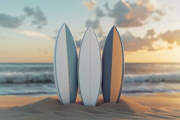 Three surfboards with a simple color design standing upright on soft golden sand, arranged in a slightly chaotic manner. Gentle ocean waves are rolling onto the shore in the background.