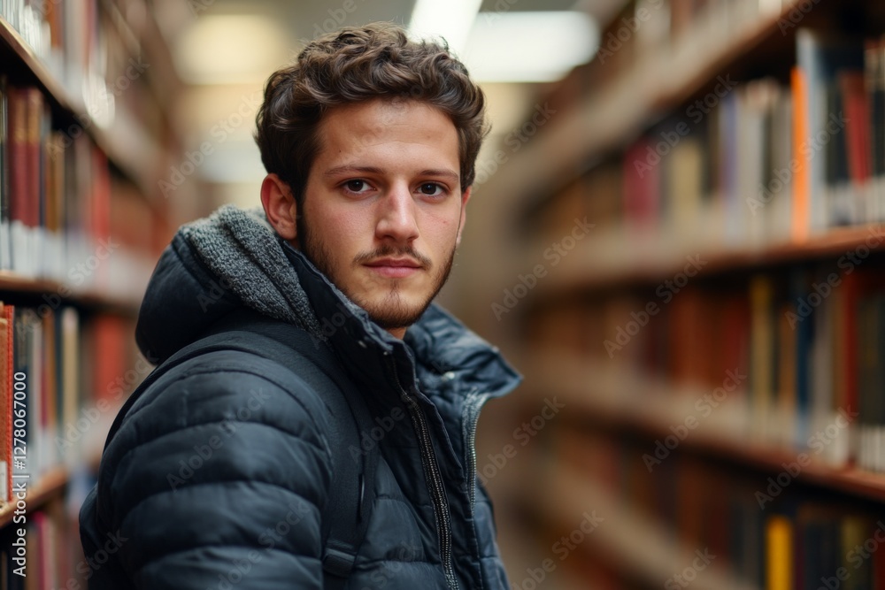 Poster young man looking thoughtfully while standing in a library surrounded by bookshelves filled with var