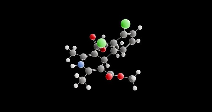 Felodipine molecule, rotating 3D model of calcium channel blocker, looped video on a black background