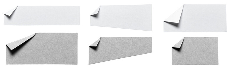 Collection set of many isolated cut out blank white gray paper notes with folded corner dog-ear...