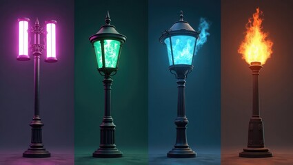 Fototapeta premium Fantasy Streetlights Neon Electric Blue Green Flames Fiery Torch Lampposts