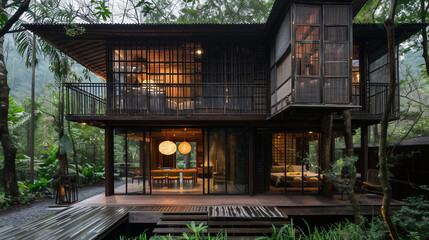 minimalist eco-home surrounded by lush greenery, wooden textures, sustainable design, warm natural lighting, peaceful and serene ambiance, earthy tones