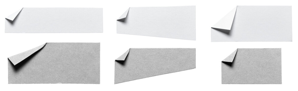 Collection set of many isolated cut out blank white gray paper notes with folded corner dog-ear earmark and copy space for text, transparent png background design elements