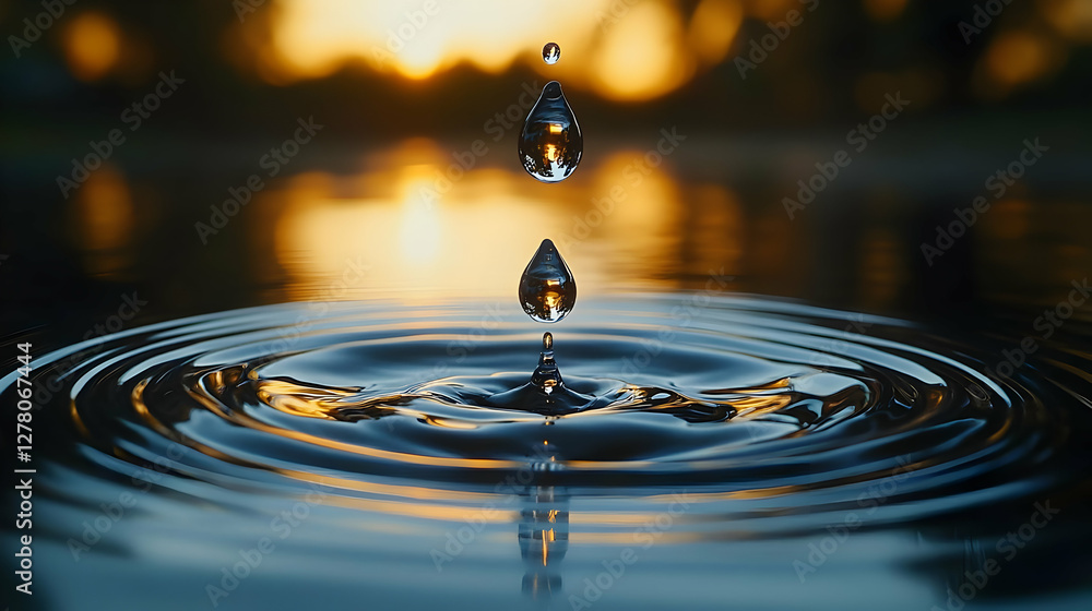 Poster close up water drop impacting surface forming ripples with bokeh background