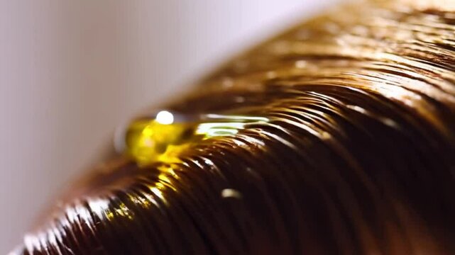 Close up of  hair with oil drop slip in slow motion
