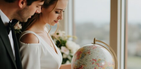 Naklejka premium A Couple of Newlyweds Excitedly Explore a Globe Together, Marking Places They Aspire to Visit