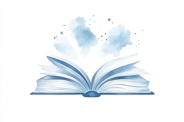 Watercolor Illustration of a Futuristic Open Book with Blue Splashes