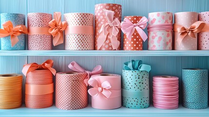 Pastel colored ribbon rolls on shelves.