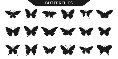 Obraz premium Vector illustration of various butterfly silhouettes in different shapes and sizes, perfect for design projects, educational materials, and nature-themed artwork.