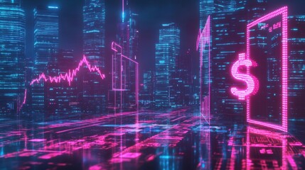 Fototapeta premium Digital economy concept with glowing financial data, currency symbols, and market analysis graphs.