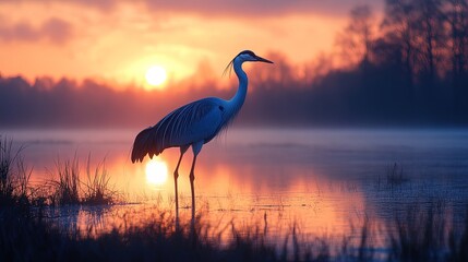 Graceful crane standing in a serene wetland at dusk 
