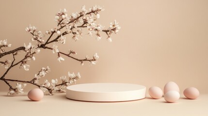 Empty round podium for product presentation with pastel easter eggs and blooming spring branches on beige background