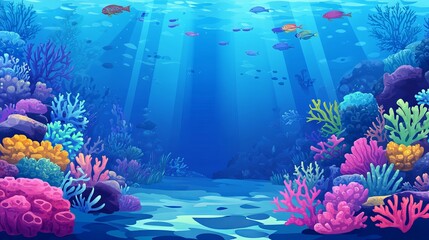Expansive underwater coral reef banner with marine life in the deep blue ocean