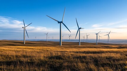 Wind Turbines Generating Clean Energy in Golden Field with Blue Sky